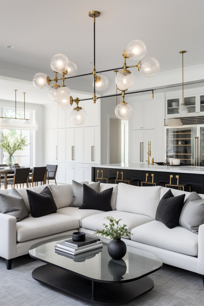 A modern living room with functional white furniture and a chandelier for traffic flow optimization.