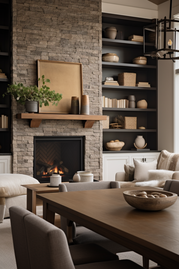 An optimized traffic flow living room with a fireplace.