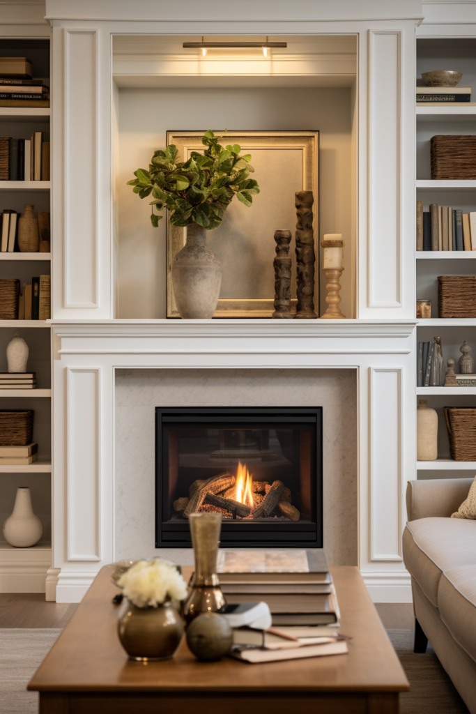A living room with a fireplace optimized for traffic flow.