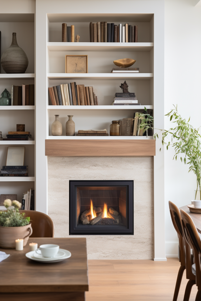 A living room with a fireplace and bookshelves designed for traffic flow optimization.