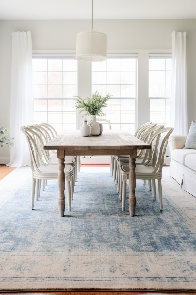 A dining room with a blue rug and white chairs designed for functional traffic flow optimization.
