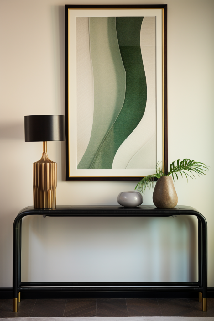 A black console table with a green plant and a framed picture designed for optimal traffic flow optimization.