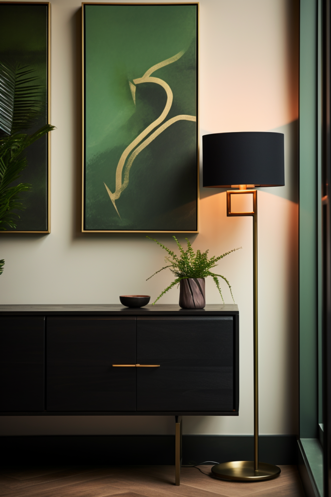 A modern living room with a black dresser and a gold lamp, designed with traffic flow optimization.