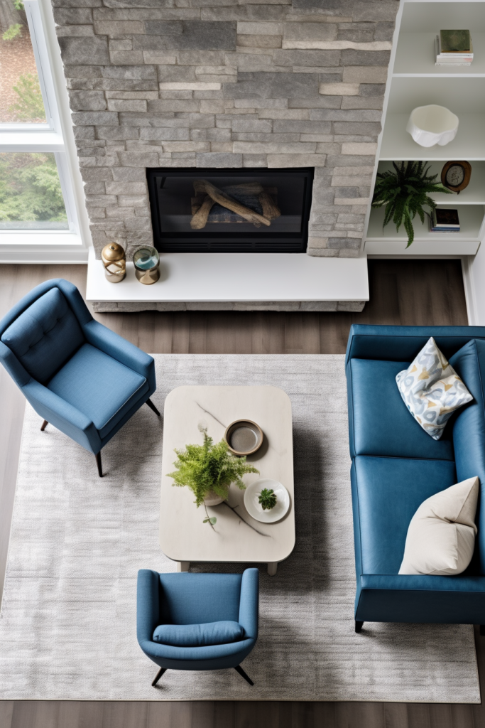 An aerial view of a living room with blue couches and a fireplace designed for traffic flow optimization.