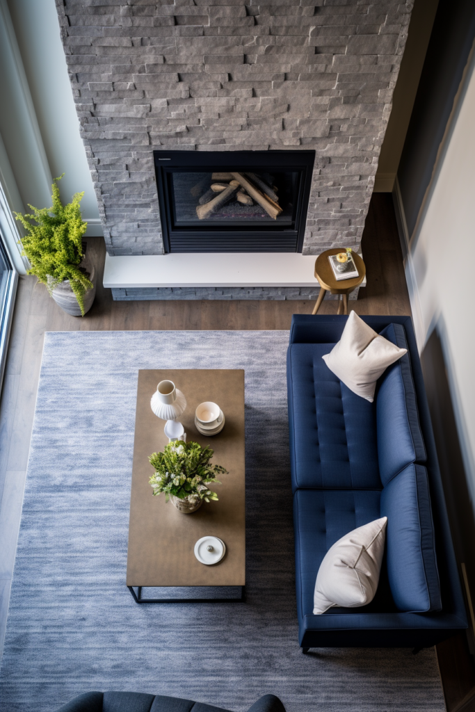 An aerial view of a living room with a fireplace, optimized for traffic flow.