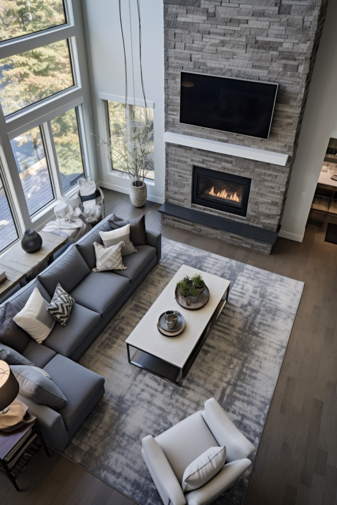 A functional living room with a fireplace, optimized for traffic flow.