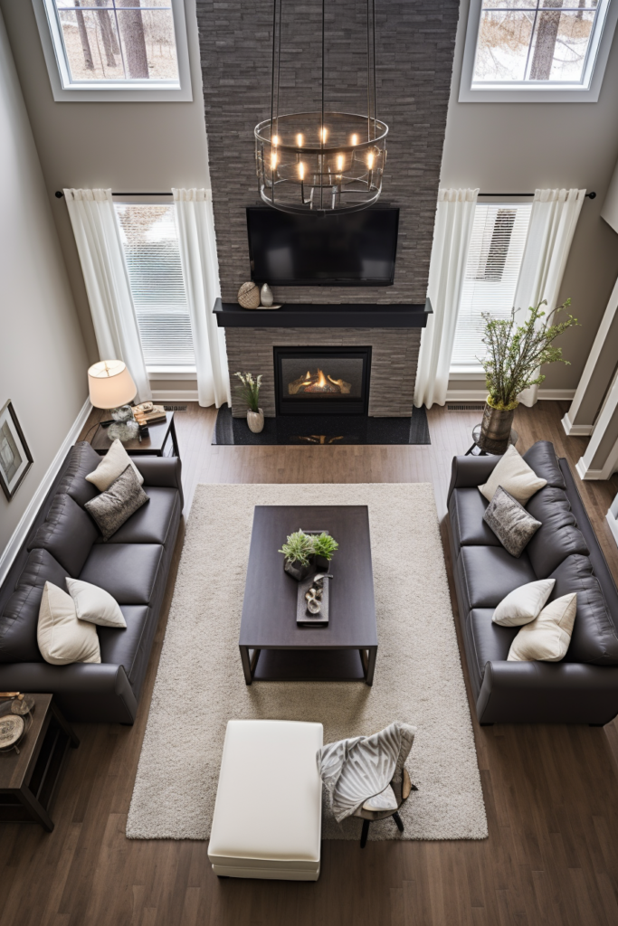 A functional living room with optimized traffic flow, featuring couches and a fireplace.