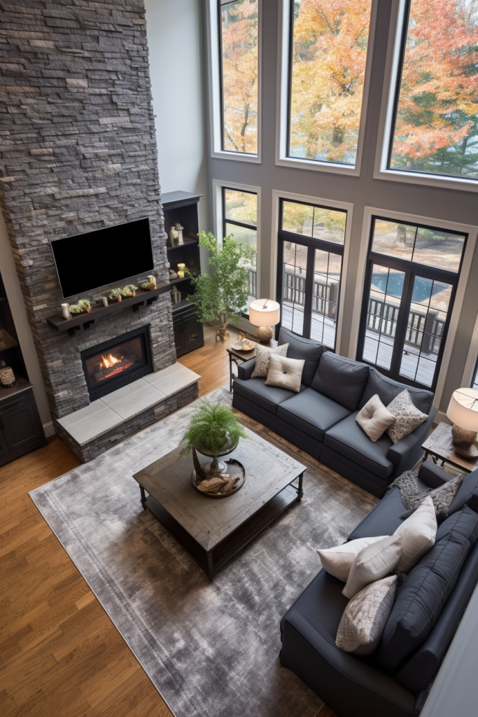 A living room with a stone fireplace and large windows designed for traffic flow optimization.