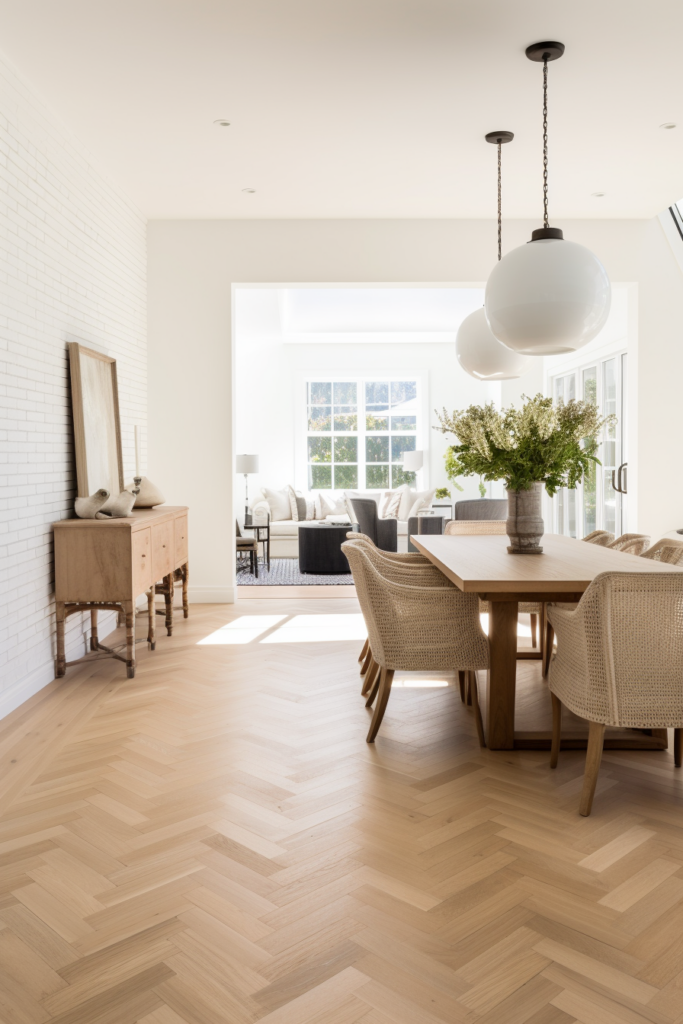 A white dining room with functional wooden floors.
