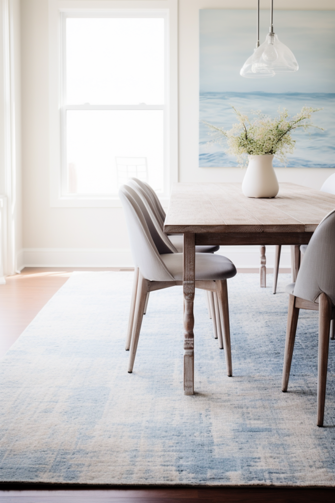 A functional dining room with traffic flow optimization, featuring a blue rug and chairs.