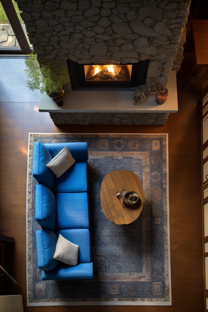A living room with a blue couch and a fireplace, designed for traffic flow optimization.