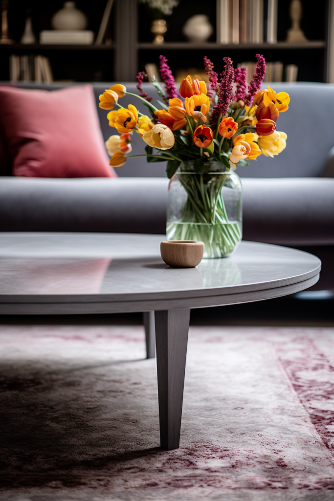 A grey coffee table with flowers in it, perfect for furniture layout solutions in long and narrow spaces.
