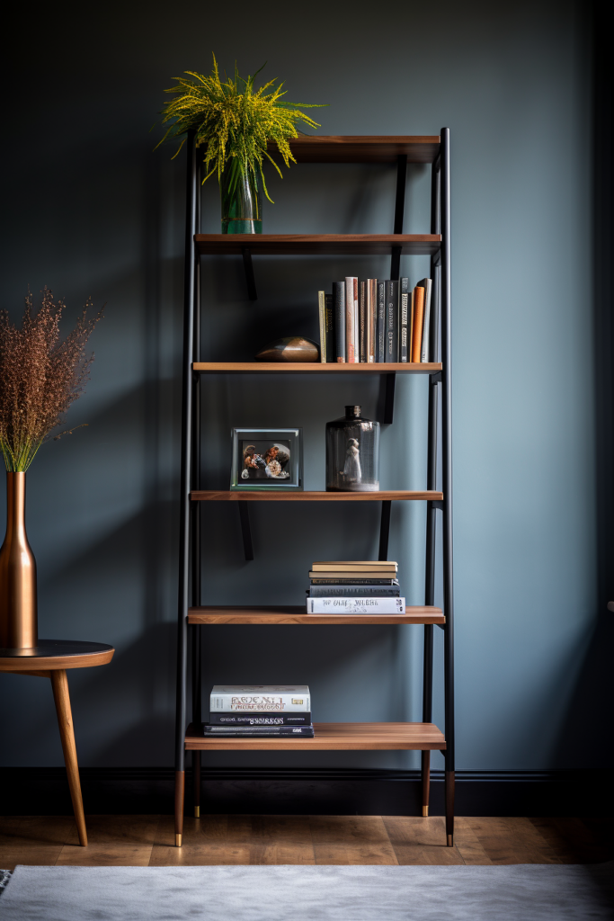 A long and narrow wooden bookcase in a room with blue walls.