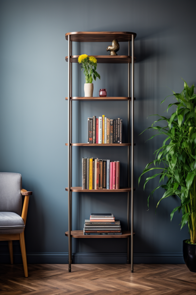A book shelf providing furniture layout solutions in a long and narrow space, positioned in front of a blue wall.