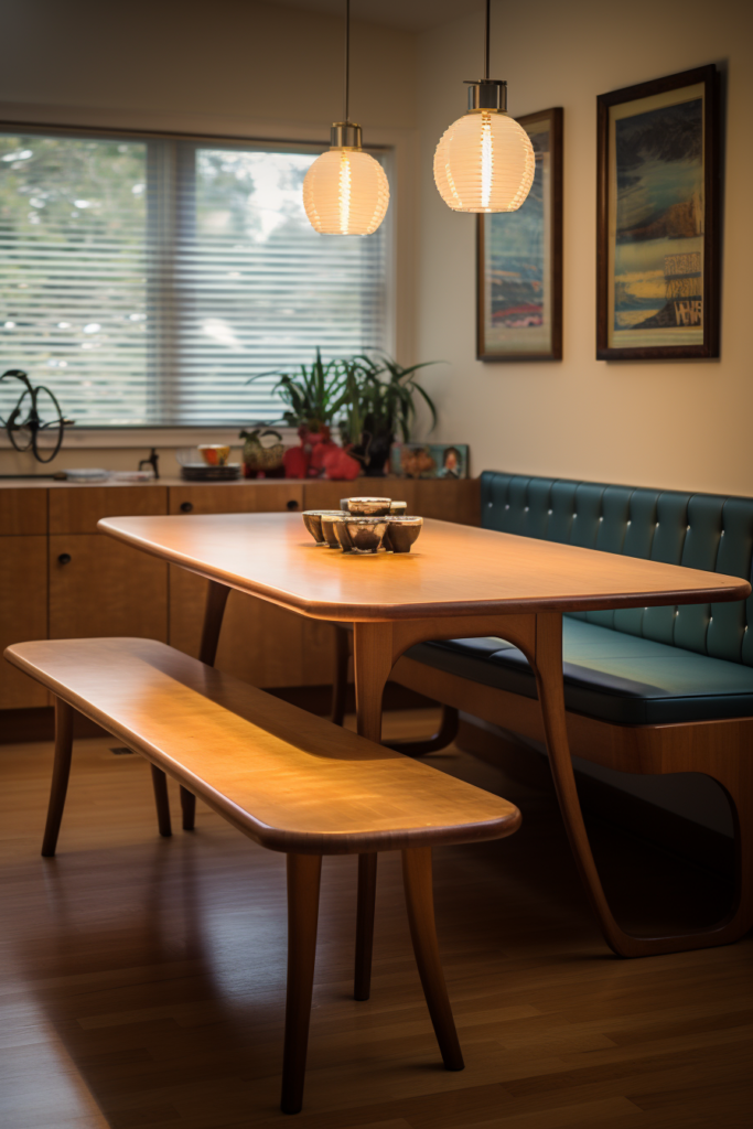 A dining room with a long wooden table and chairs, showcasing furniture layout solutions for long and narrow spaces.