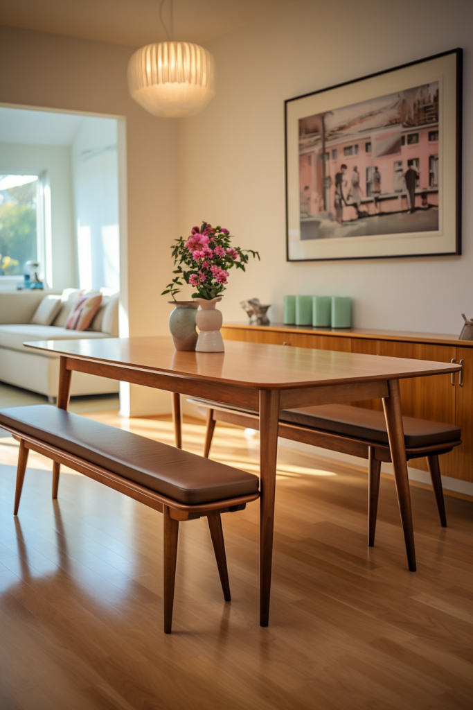 A dining room with a wooden table and chairs, offering furniture layout solutions for long and narrow spaces.
