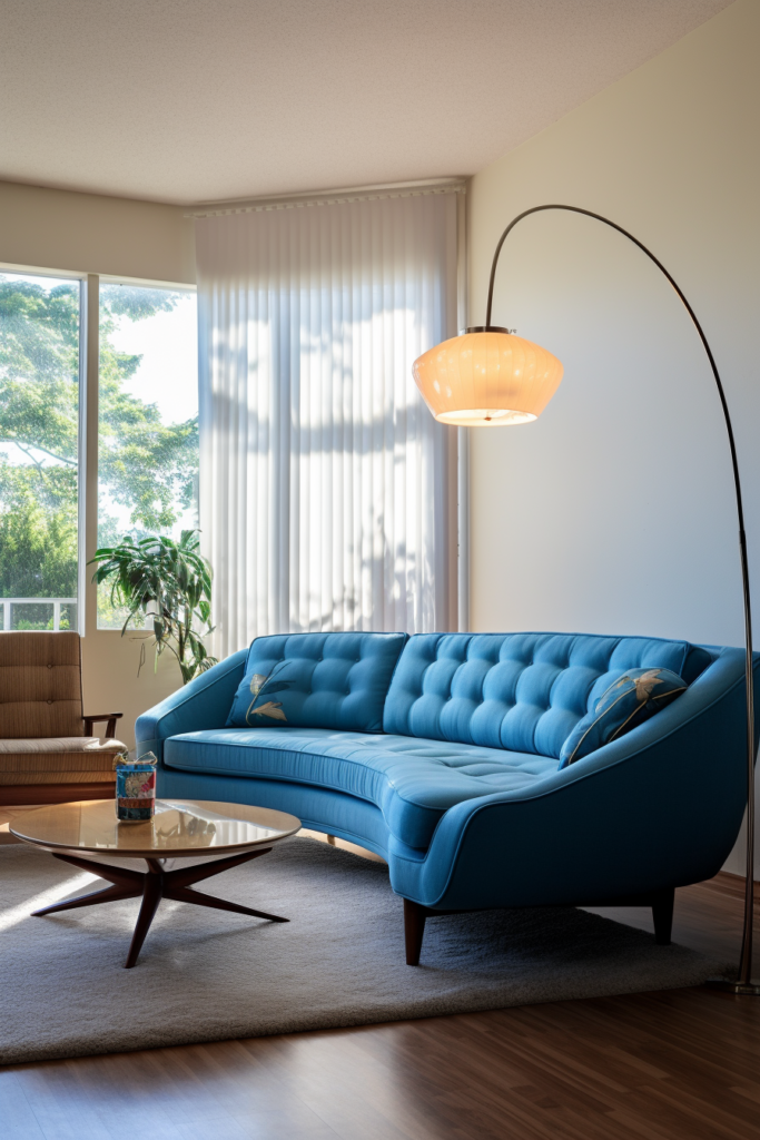 A blue couch is placed in a living room, offering furniture layout solutions for long and narrow spaces.