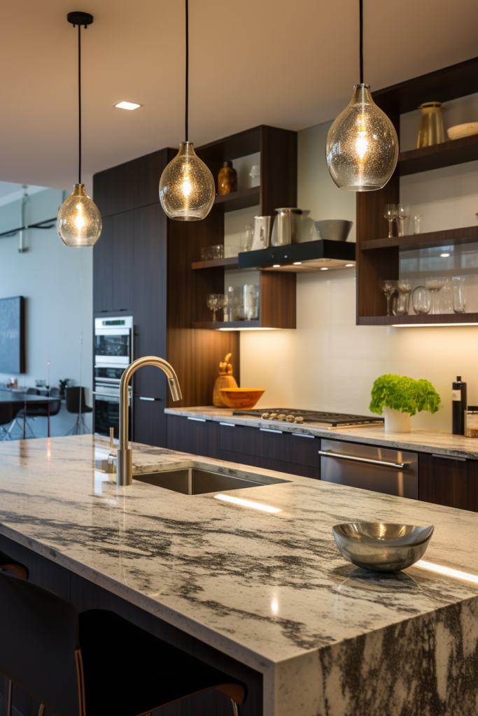 A long and narrow kitchen with a marble counter top, featuring furniture layout solutions.