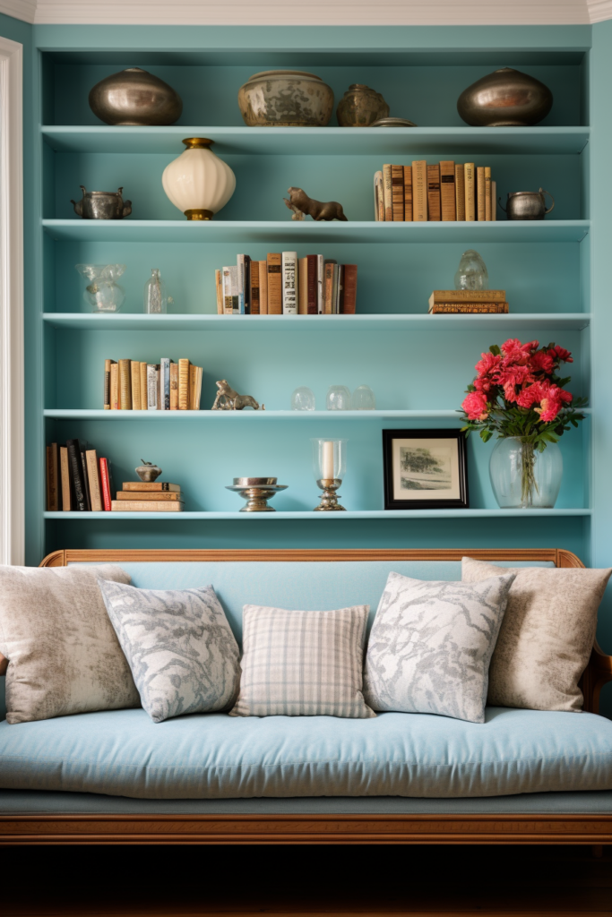 A living room with blue walls, bookshelves, and furniture layout solutions.