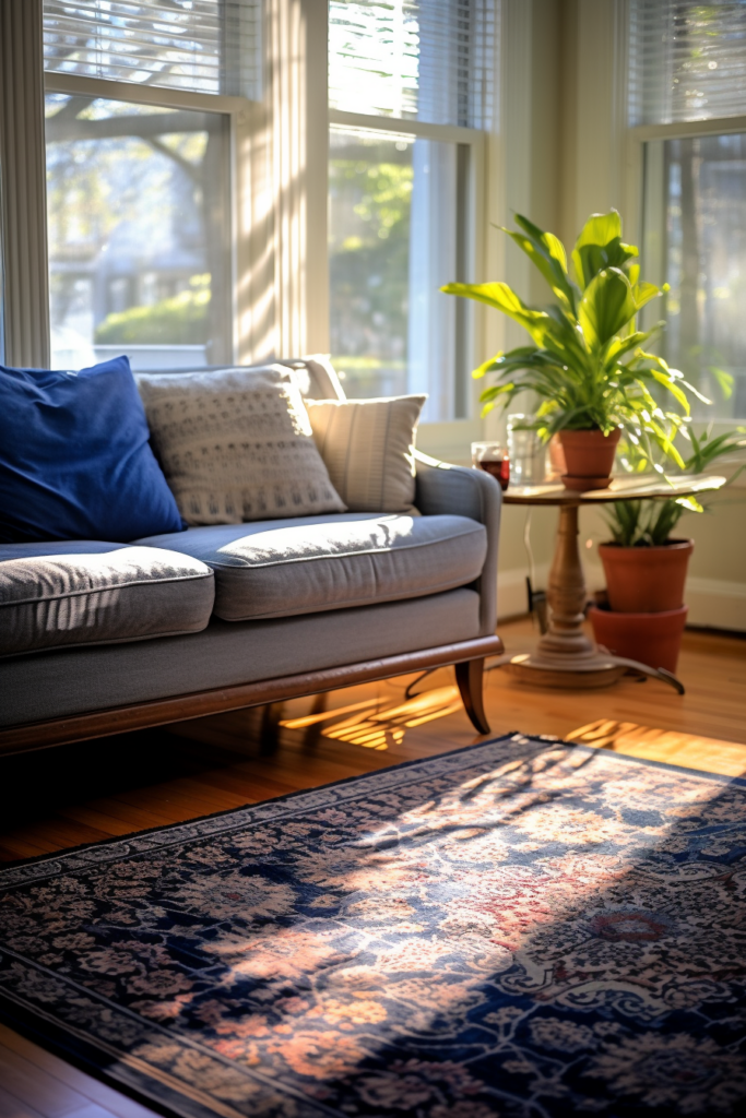 A living room with a long and narrow space, featuring a couch and a rug.
