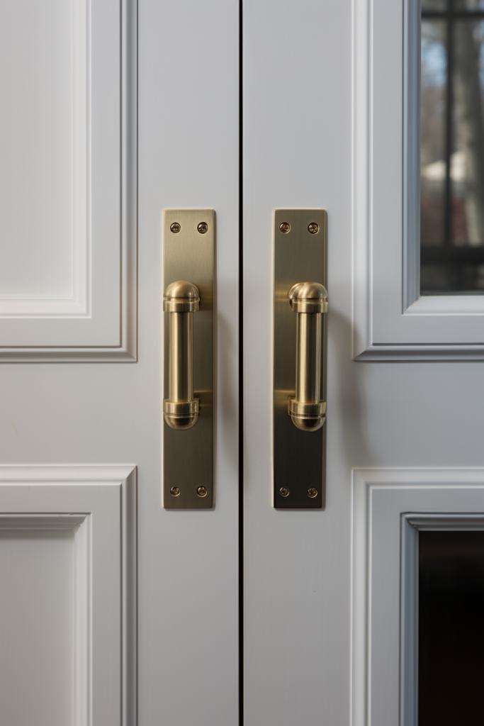 A pair of brass door handles on a white door, perfect for furniture layout solutions in long and narrow spaces.