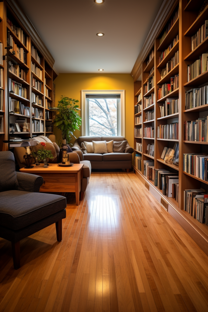 A living room with bookshelves and a couch, designed for long and narrow spaces.