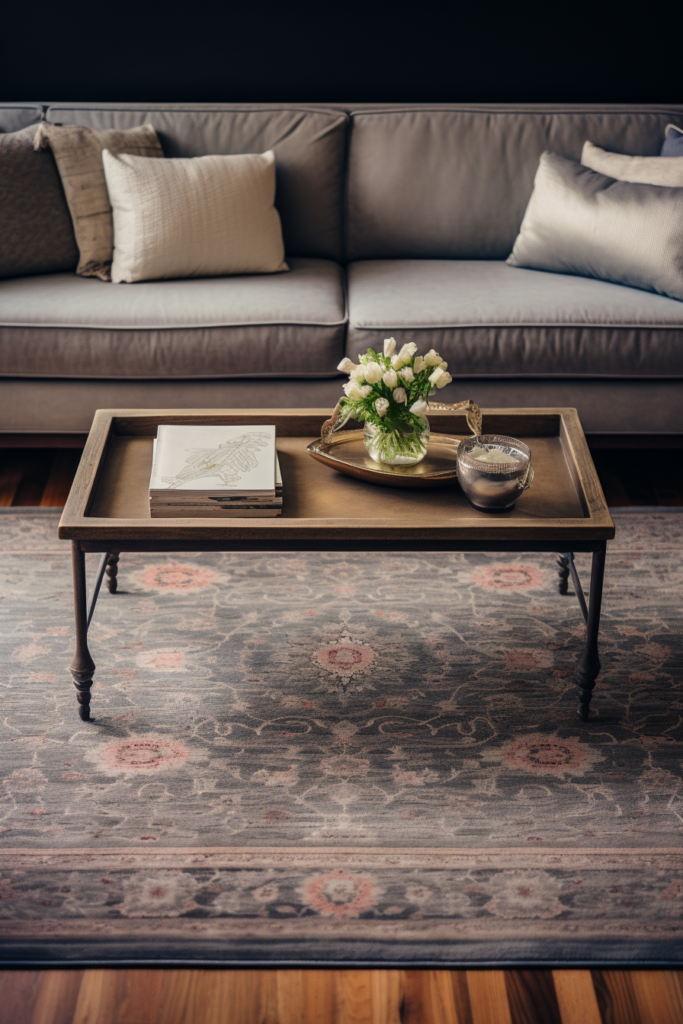A long coffee table in a living room, offering furniture layout solutions for narrow spaces.