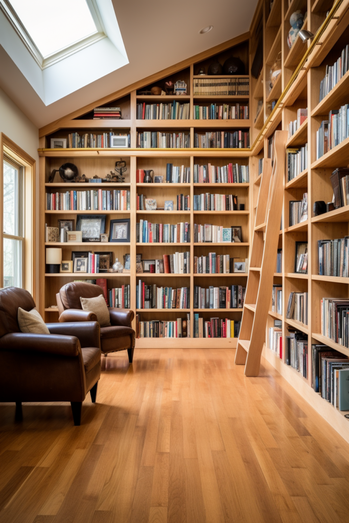 A room with long and narrow spaces filled with bookshelves and a chair.