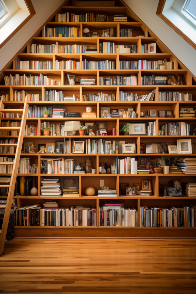 A room with a lot of books and a ladder, designed with furniture layout solutions for long and narrow spaces.