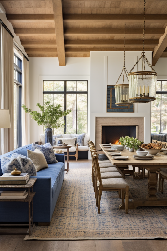 A dining room with blue couches and wood beams featuring furniture placement.