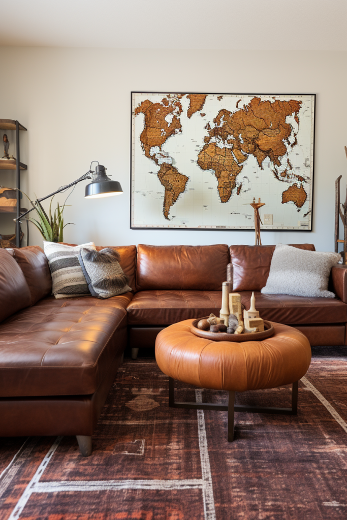 A brown leather couch placement in a living room.