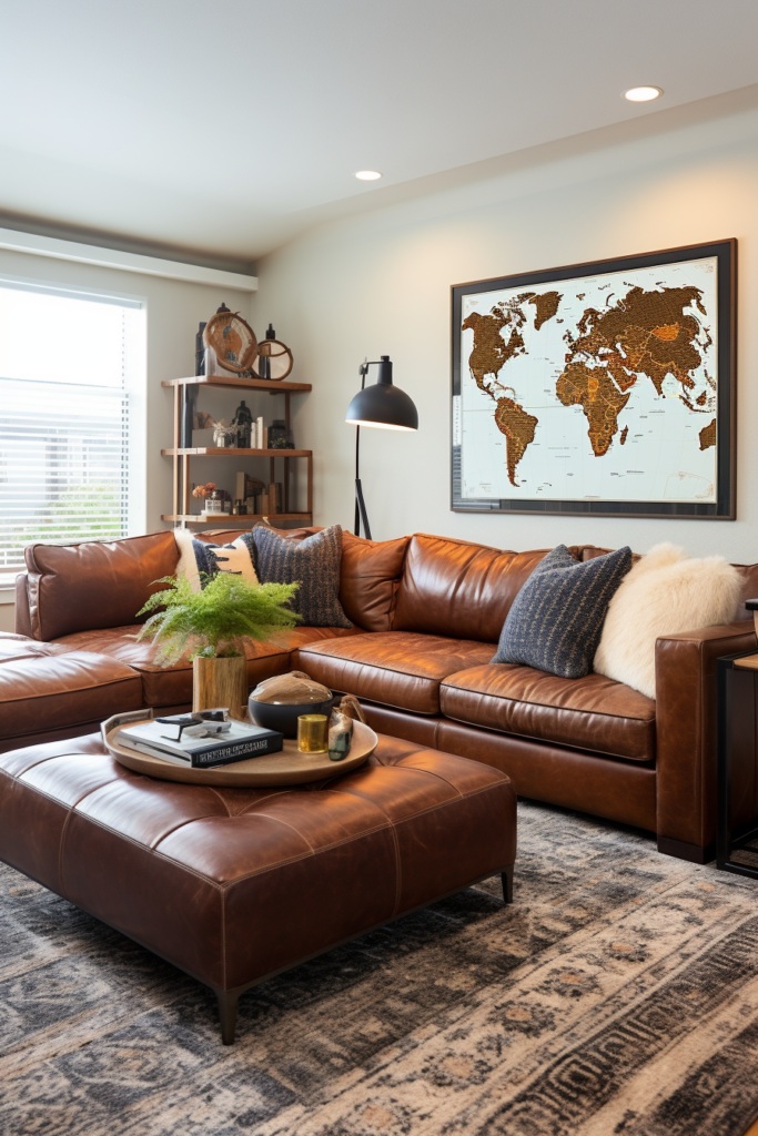 A brown leather couch adds a timeless touch to any living room decor, making it an ideal furniture piece for narrow living rooms.