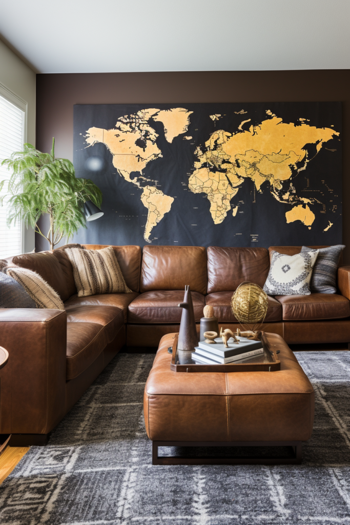A narrow living room with furniture placement showcasing a world map on the wall.