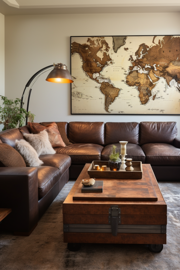 A living room with a world map on the wall and furniture placement.