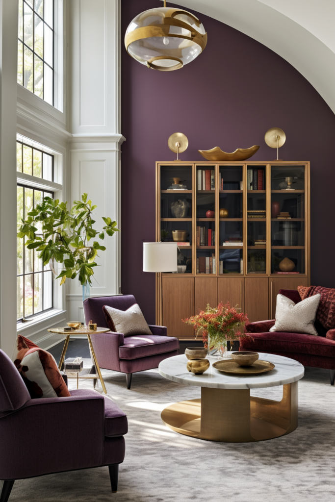 A living room with purple walls and carefully arranged furniture.