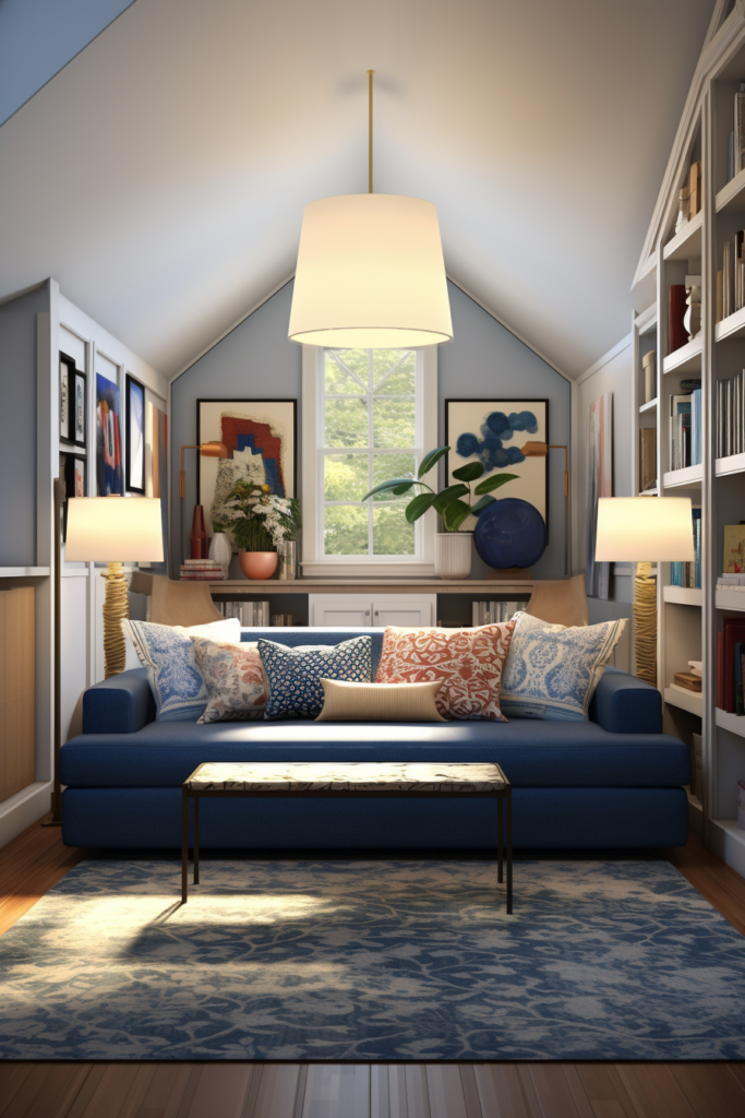A living room with narrow placement of furniture, including a blue couch and bookshelves.