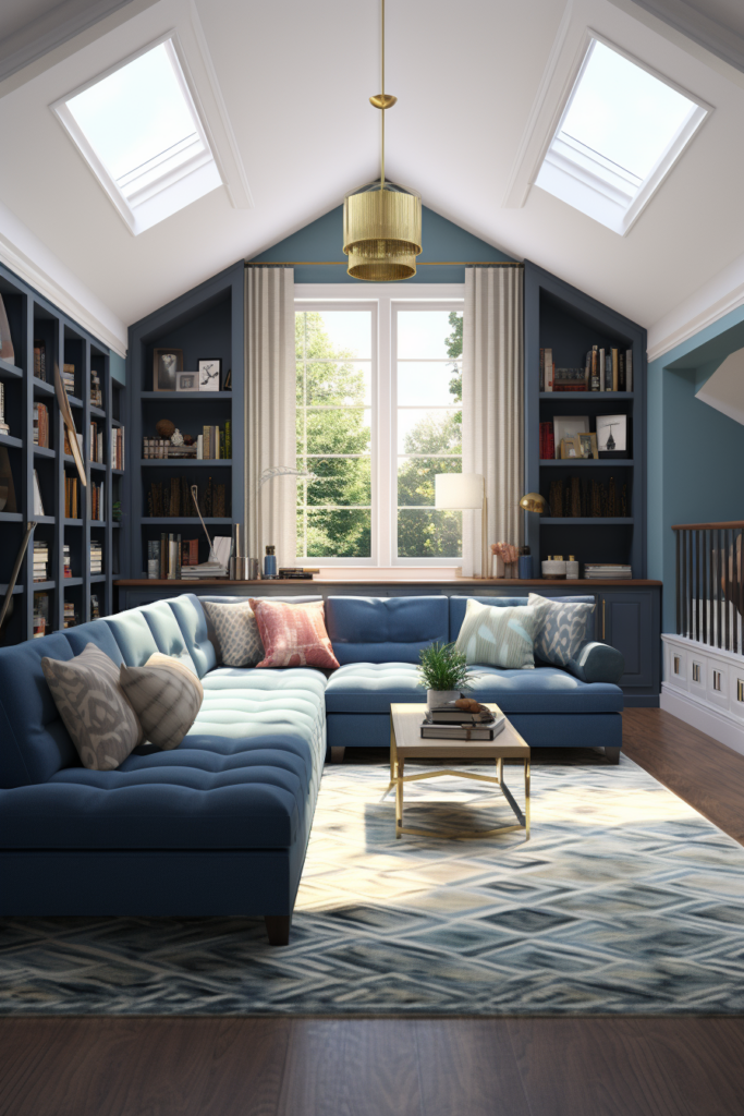 A narrow living room with a blue couch and bookshelves, showcasing strategic furniture placement.