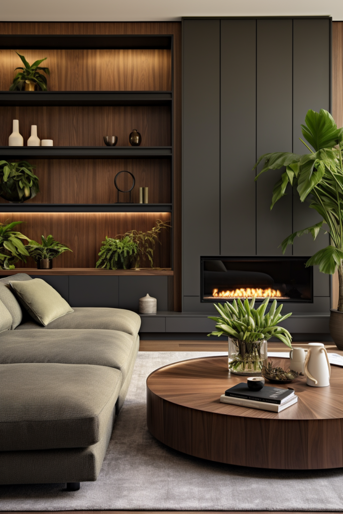 A modern living room with furniture placement solutions and plants.