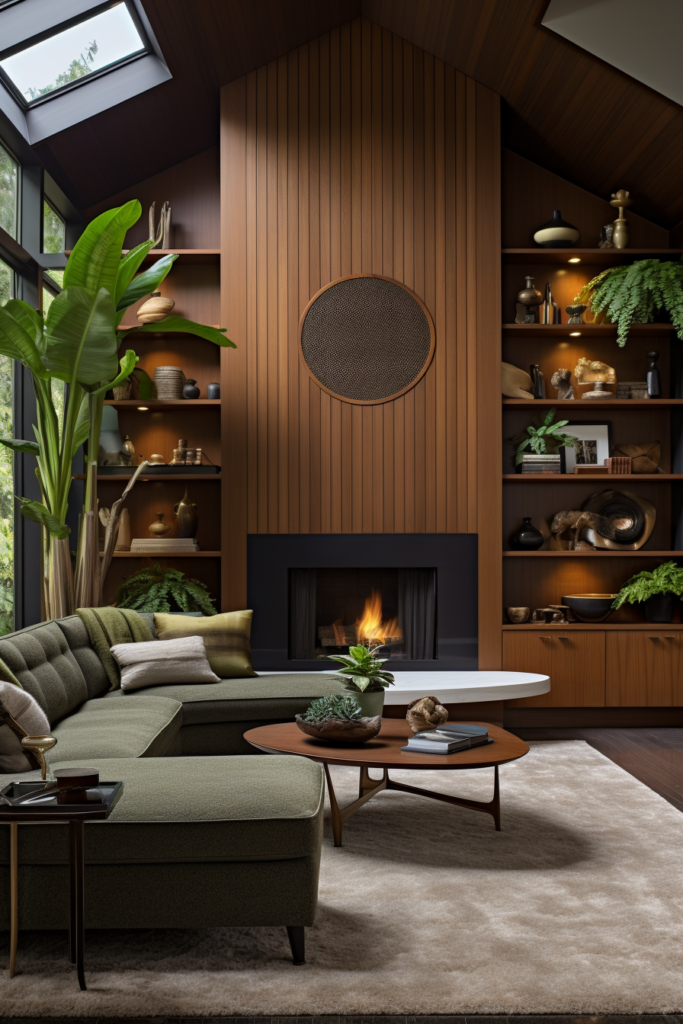 A narrow living room with wood paneling and a fireplace.