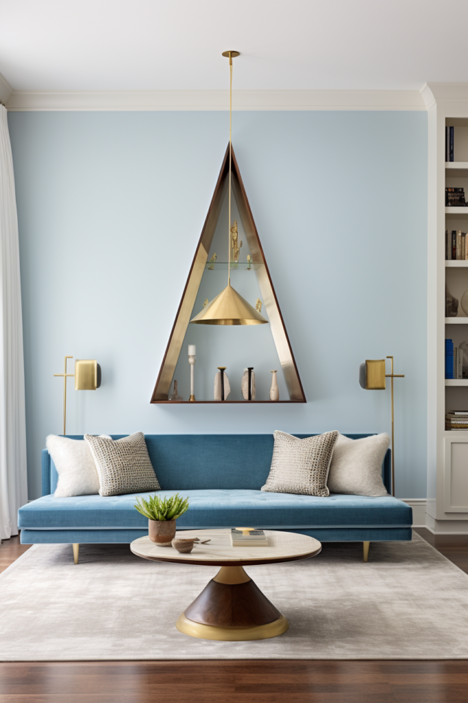 In a narrow living room, furniture placement is crucial. This particular living room features a blue couch and a gold coffee table.