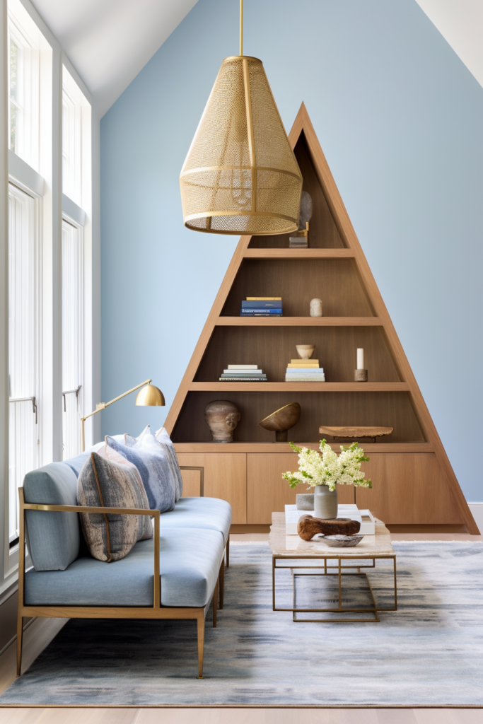 A living room with blue walls and a triangle shelf featuring unique furniture placements.