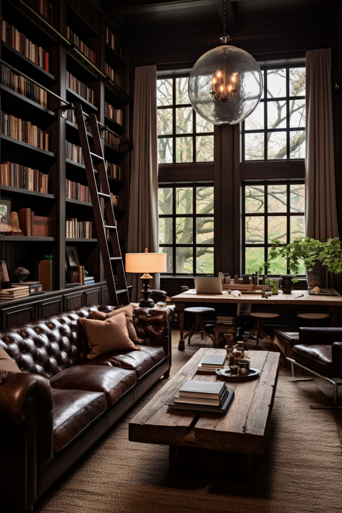 A narrow living room with bookshelves and a leather couch, showcasing strategic furniture placement for limited space.