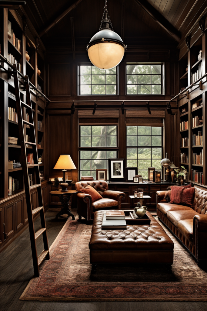 A narrow living room with bookshelves and a leather couch.