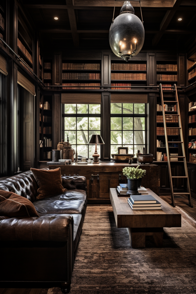 A living room with bookshelves and a leather couch showcasing furniture placement.