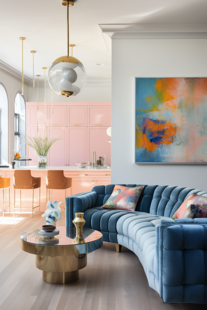 A living room with blue furniture and pink walls.
