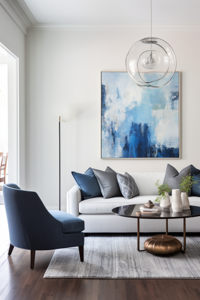 A blue accented living room with a large painting.