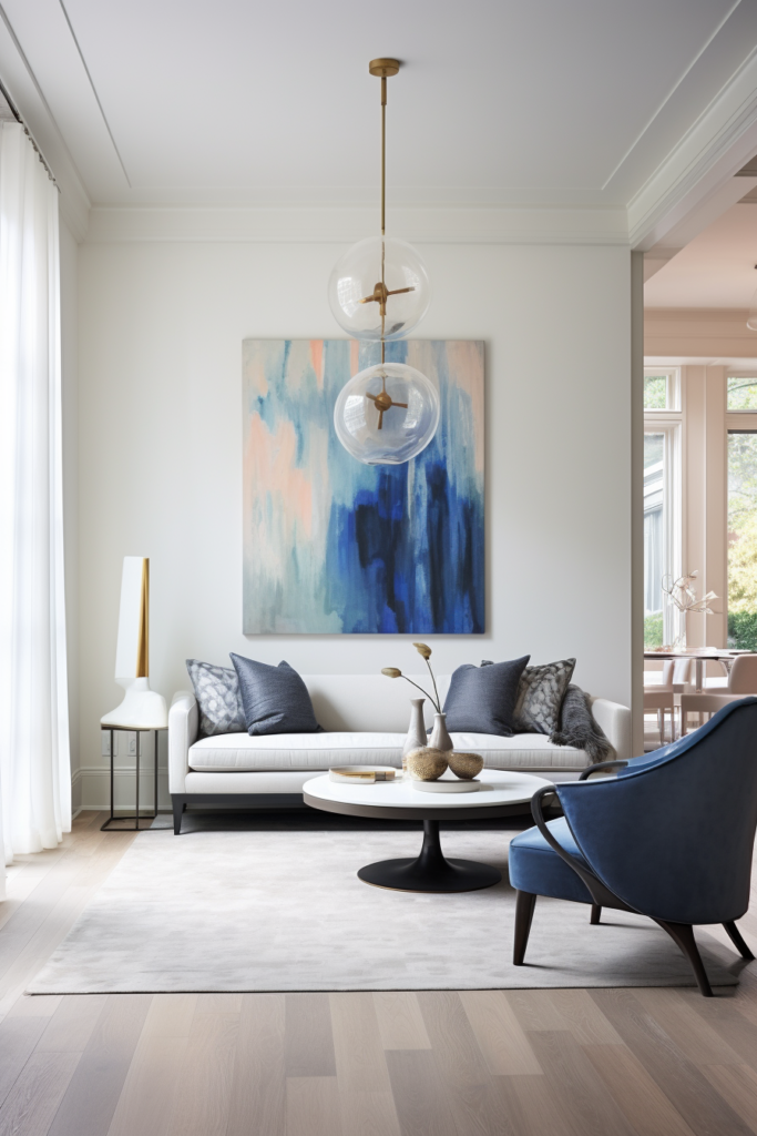 A living room with a large painting on the wall and furniture placement solutions.