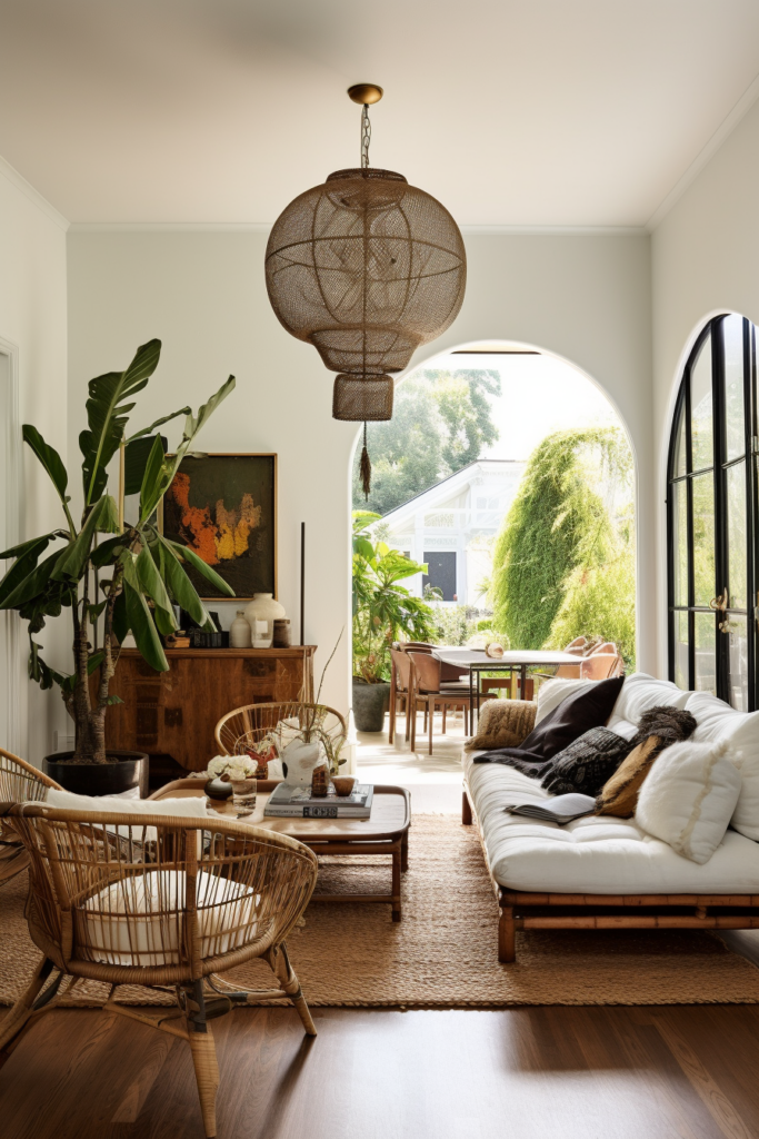 A living room with rattan furniture and wicker chairs designed for optimal furniture placement in narrow living rooms.