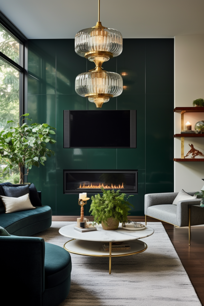 A narrow living room with green walls and a fireplace.