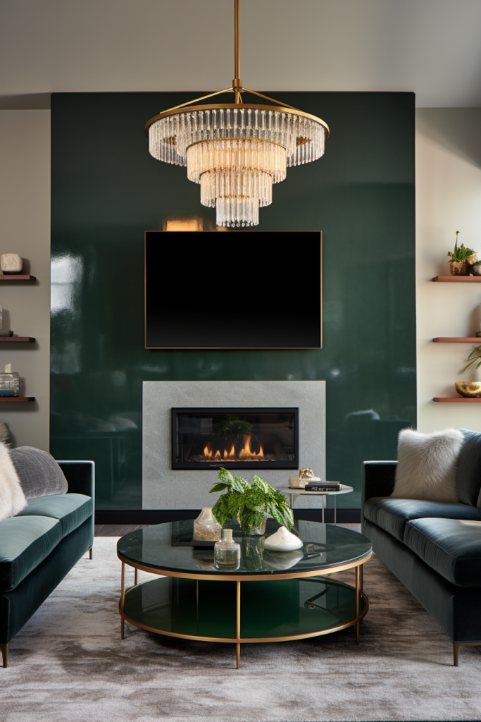 A living room with narrow furniture placement, green walls, and a fireplace.
